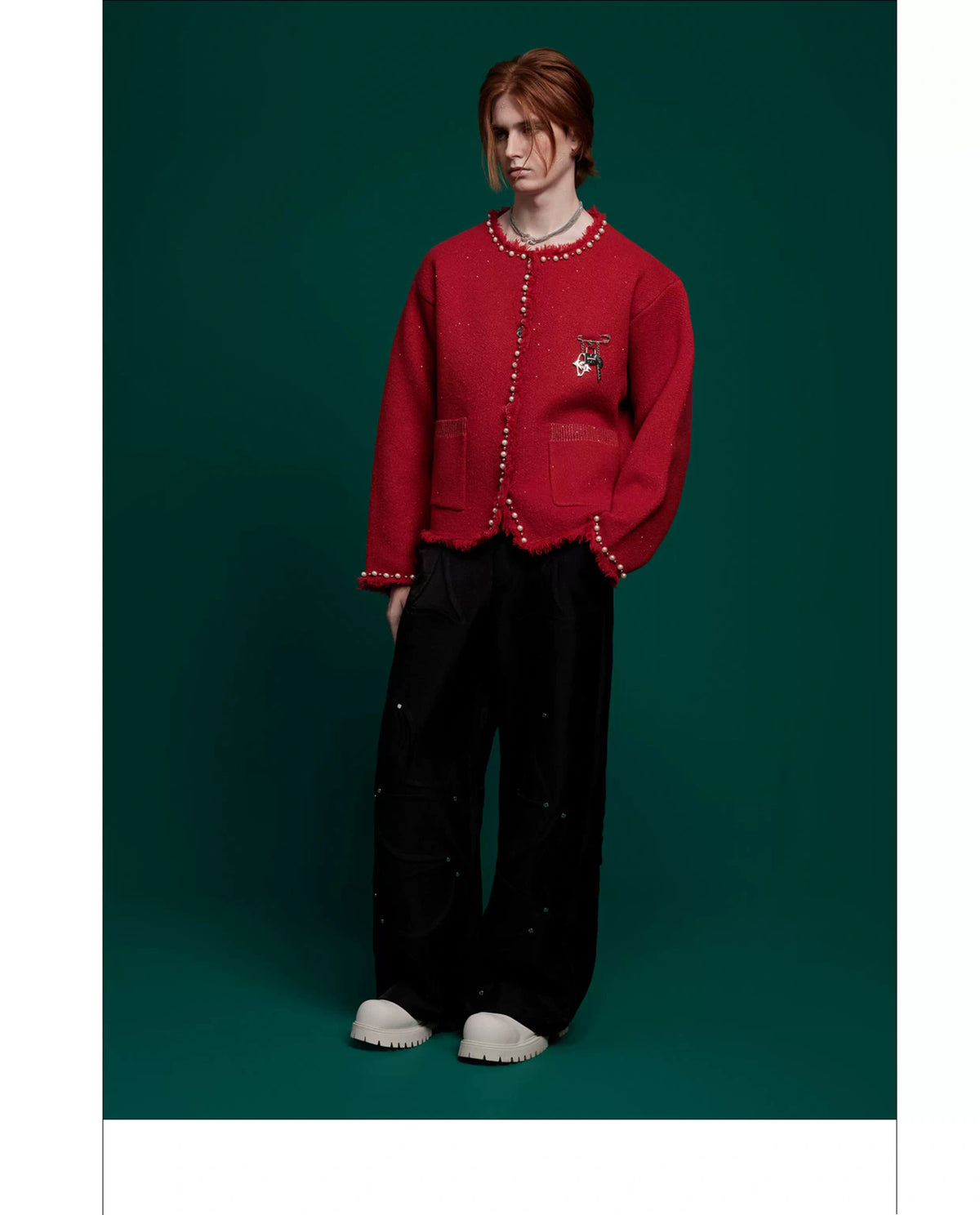 Pearl-Trim Shimmer Knit Cardigan Jacket for Unisex - description image 6