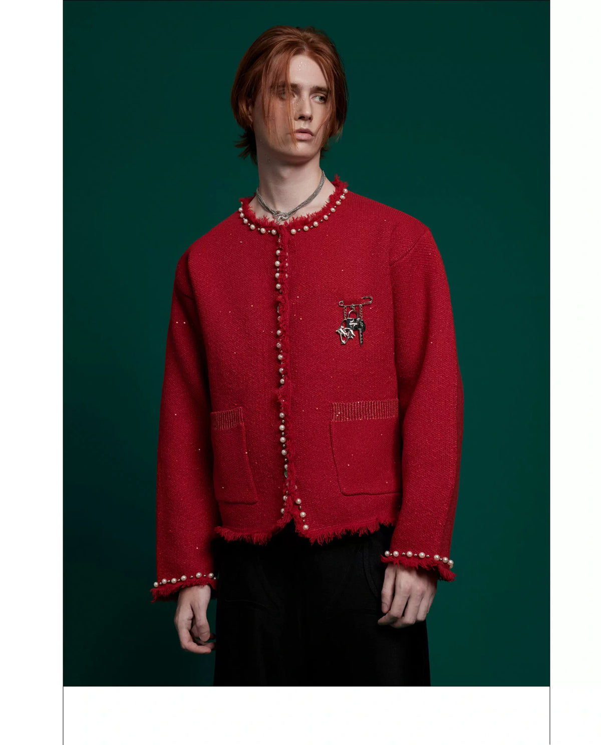 Pearl-Trim Shimmer Knit Cardigan Jacket for Unisex - description image 8