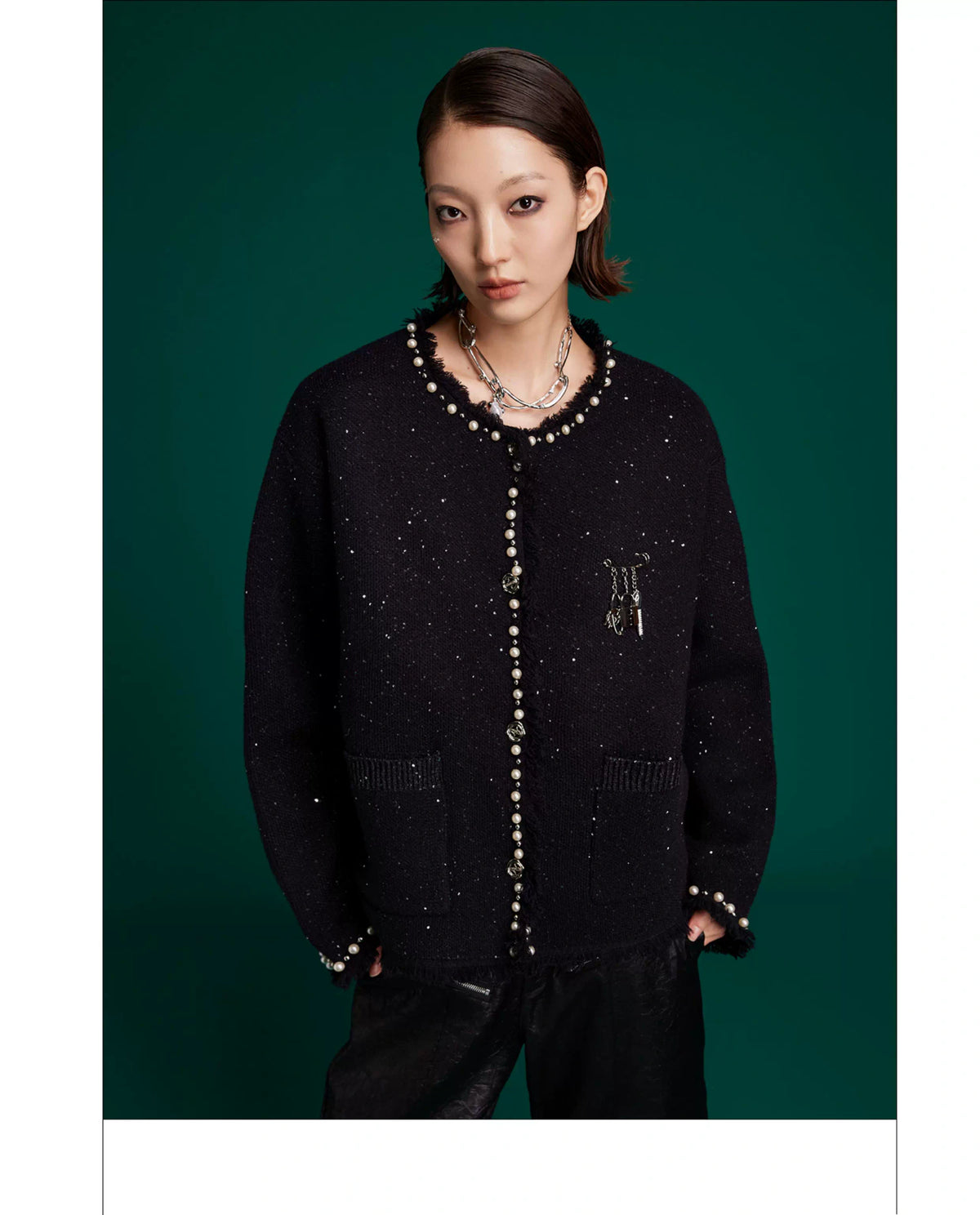 Pearl-Trim Shimmer Knit Cardigan Jacket for Unisex - description image 11