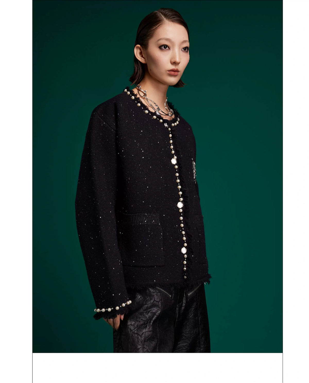 Pearl-Trim Shimmer Knit Cardigan Jacket for Unisex - description image 12