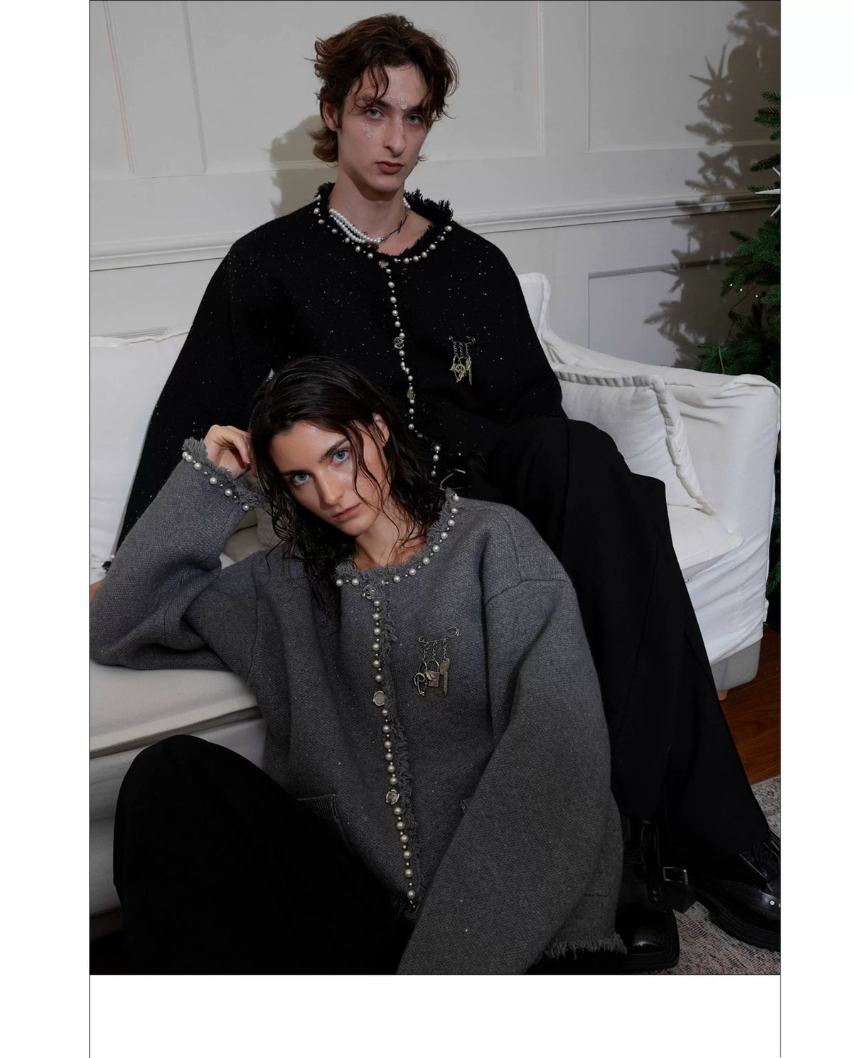 Pearl-Trim Shimmer Knit Cardigan Jacket for Unisex - description image 14