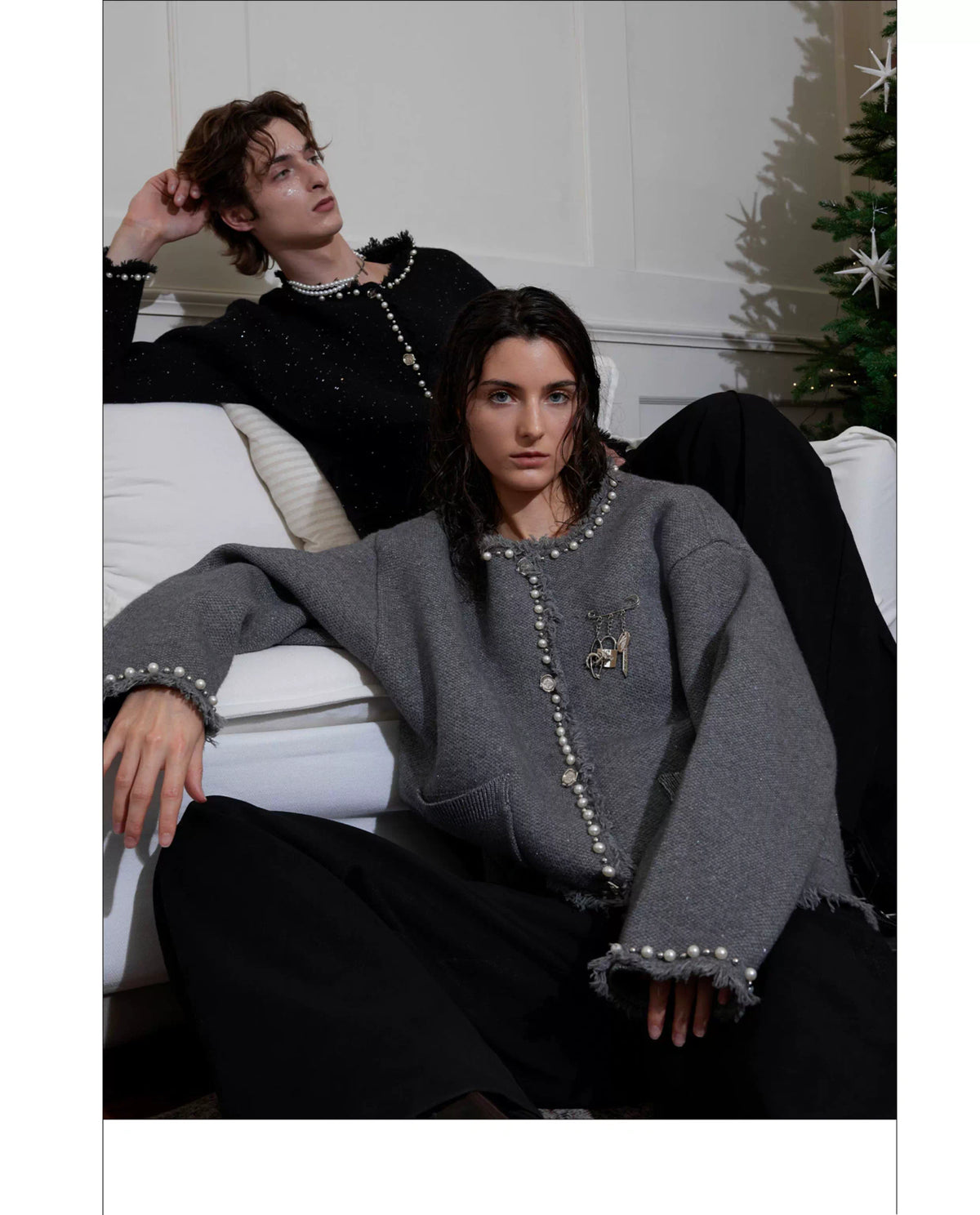 Pearl-Trim Shimmer Knit Cardigan Jacket for Unisex - description image 16