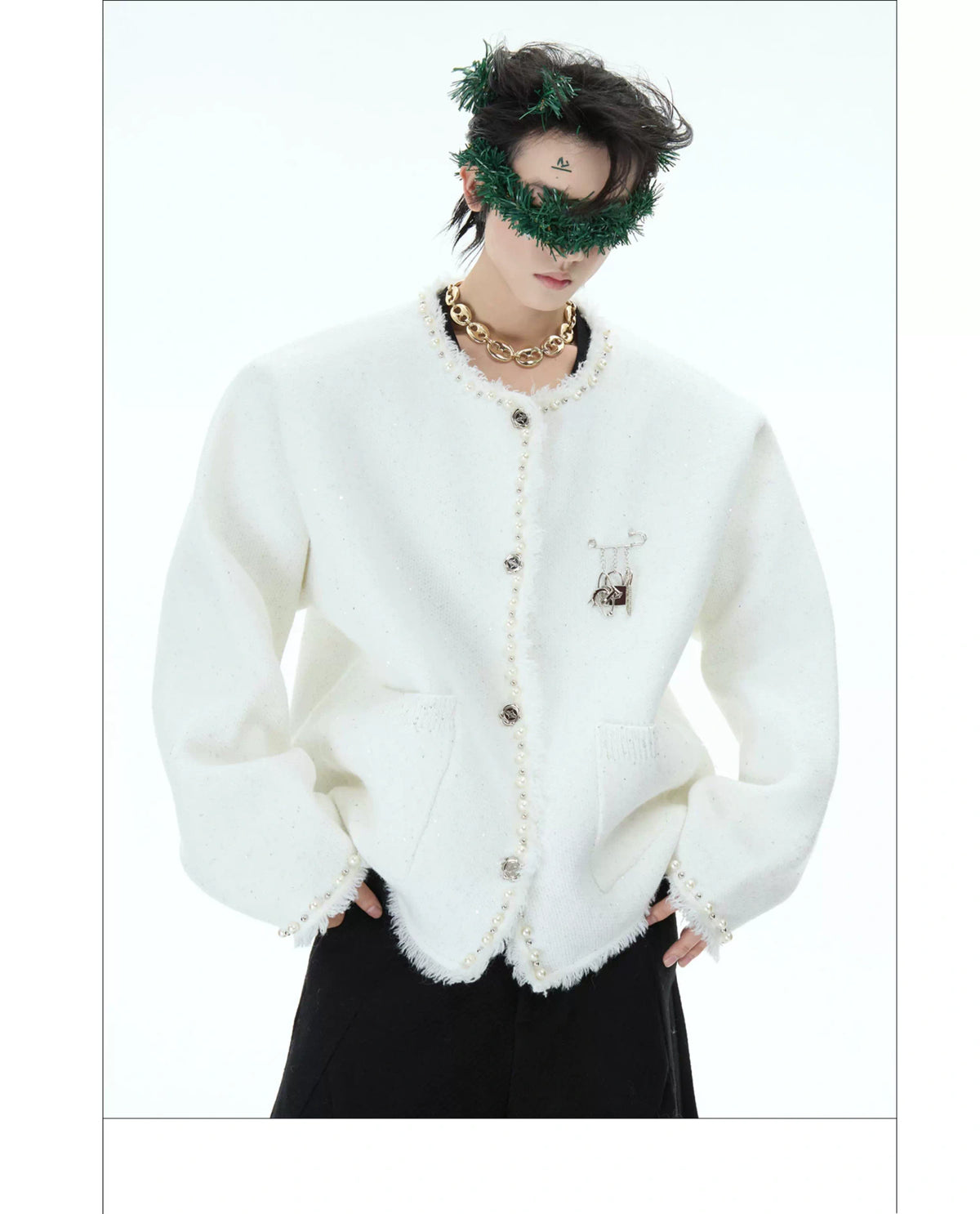 Pearl-Trim Shimmer Knit Cardigan Jacket for Unisex - description image 17