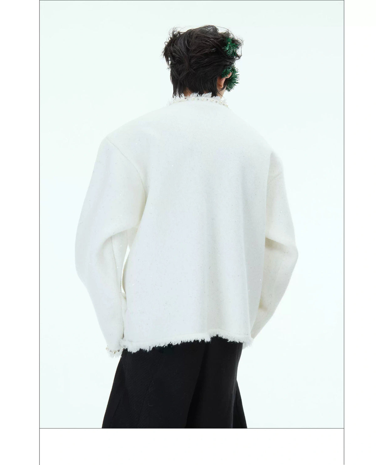 Pearl-Trim Shimmer Knit Cardigan Jacket for Unisex - description image 18