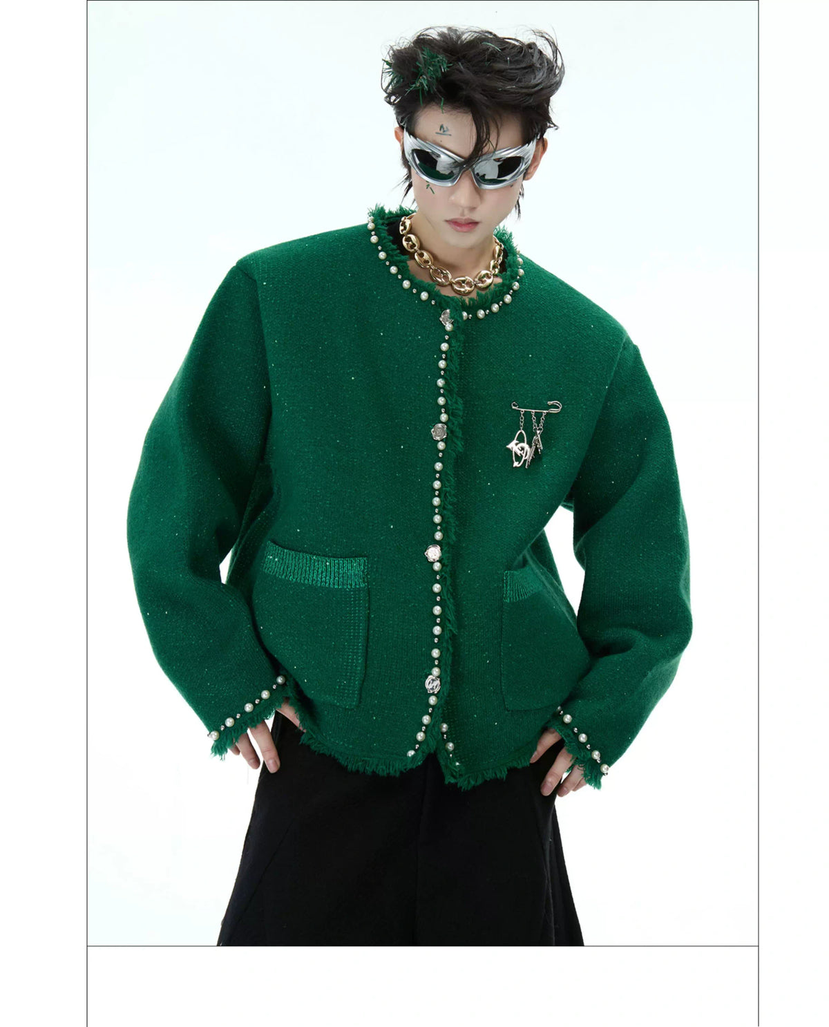 Pearl-Trim Shimmer Knit Cardigan Jacket for Unisex - description image 19