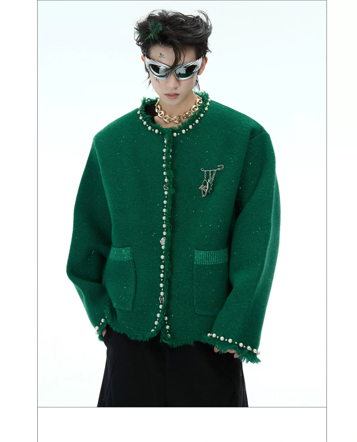 Pearl-Trim Shimmer Knit Cardigan Jacket for Unisex - description image 20