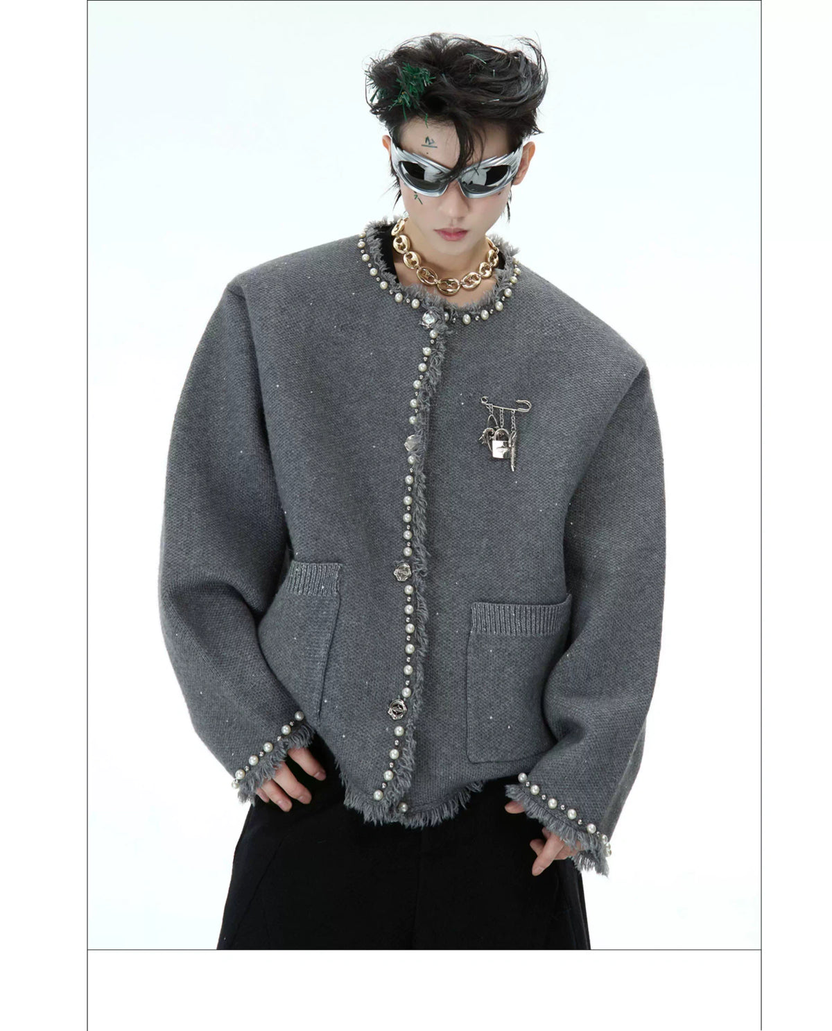Pearl-Trim Shimmer Knit Cardigan Jacket for Unisex - description image 21
