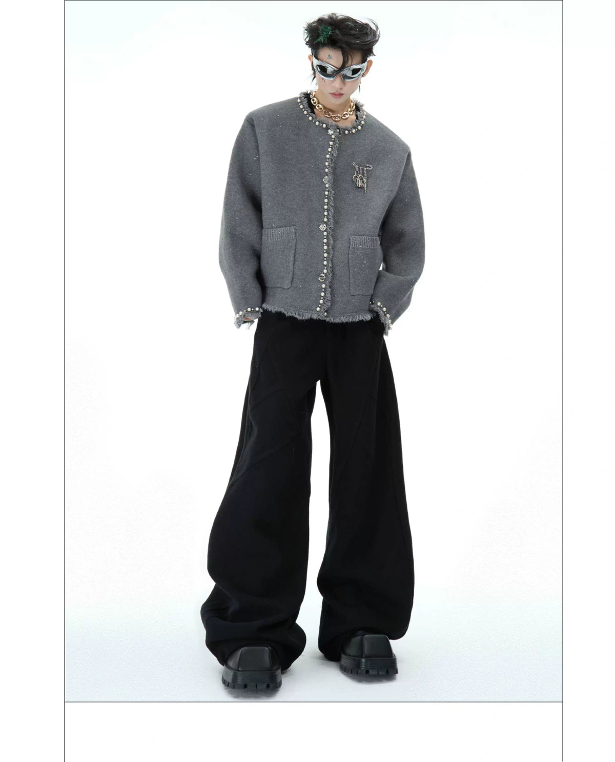 Pearl-Trim Shimmer Knit Cardigan Jacket for Unisex - description image 22