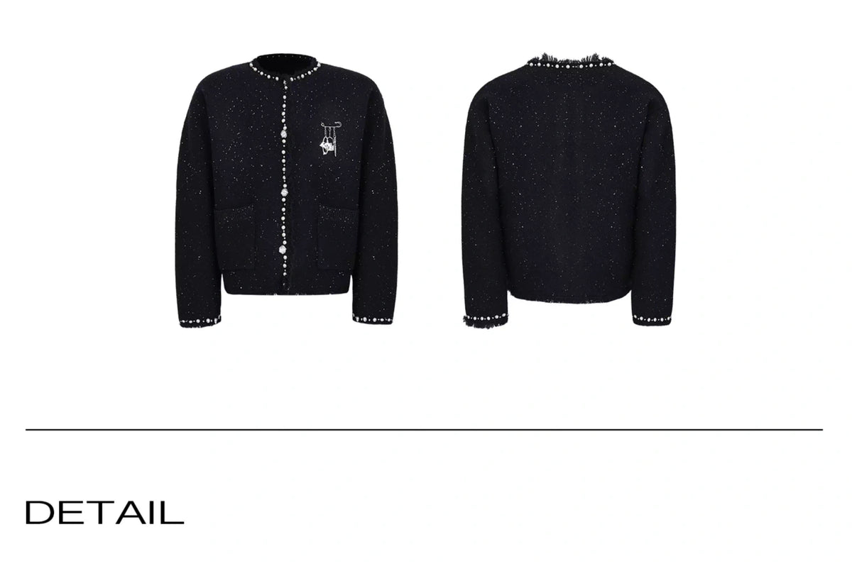Pearl-Trim Shimmer Knit Cardigan Jacket for Unisex - description image 25