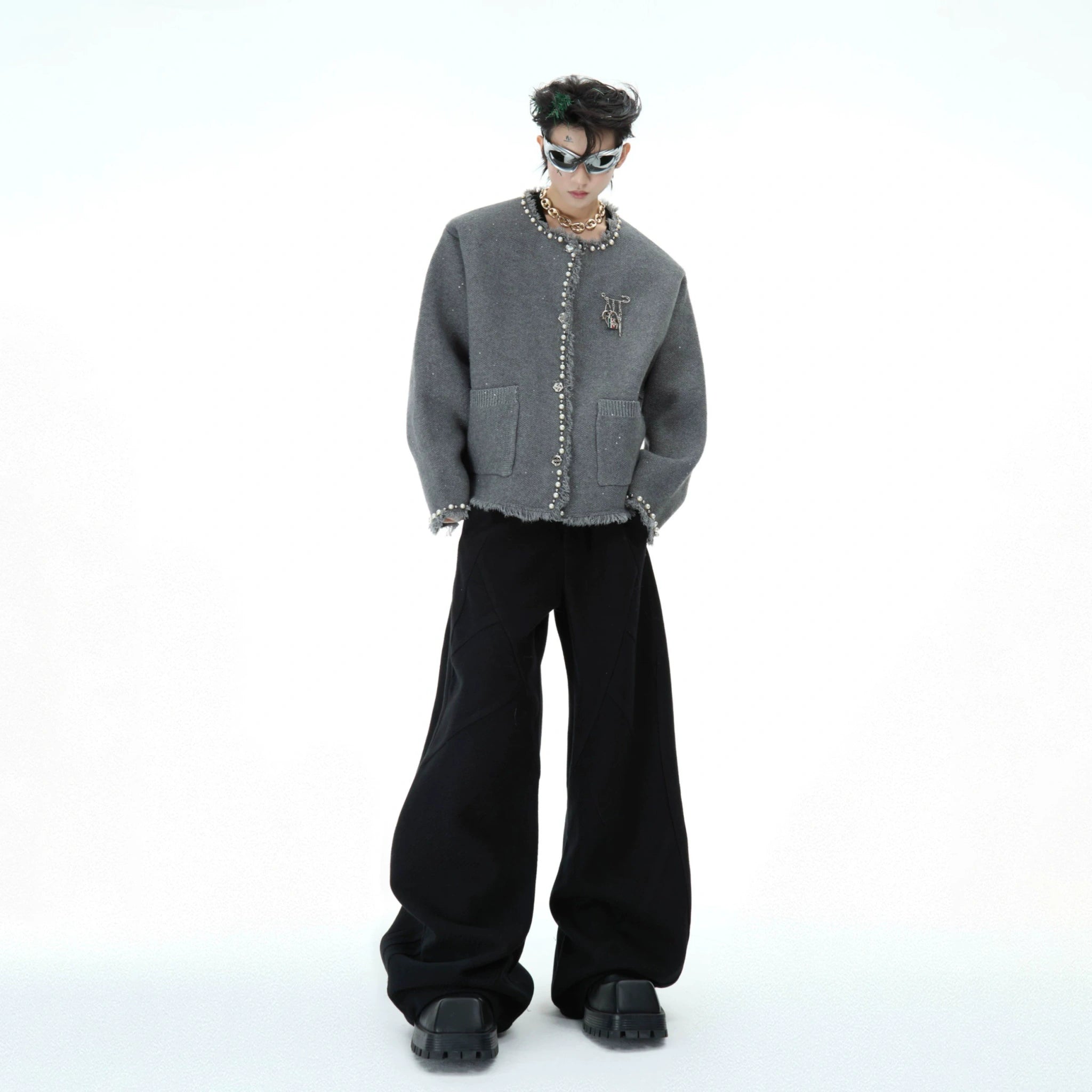 Pearl-Trim Shimmer Knit Cardigan Jacket for Unisex - main image 5
