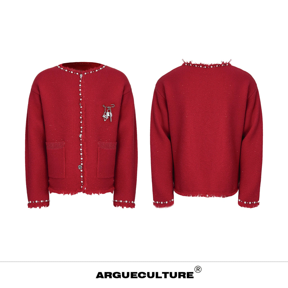 Pearl-Trim Shimmer Knit Cardigan Jacket for Unisex - Red