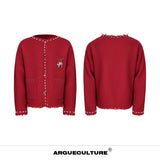 Pearl-Trim Shimmer Knit Cardigan Jacket for Unisex - Red
