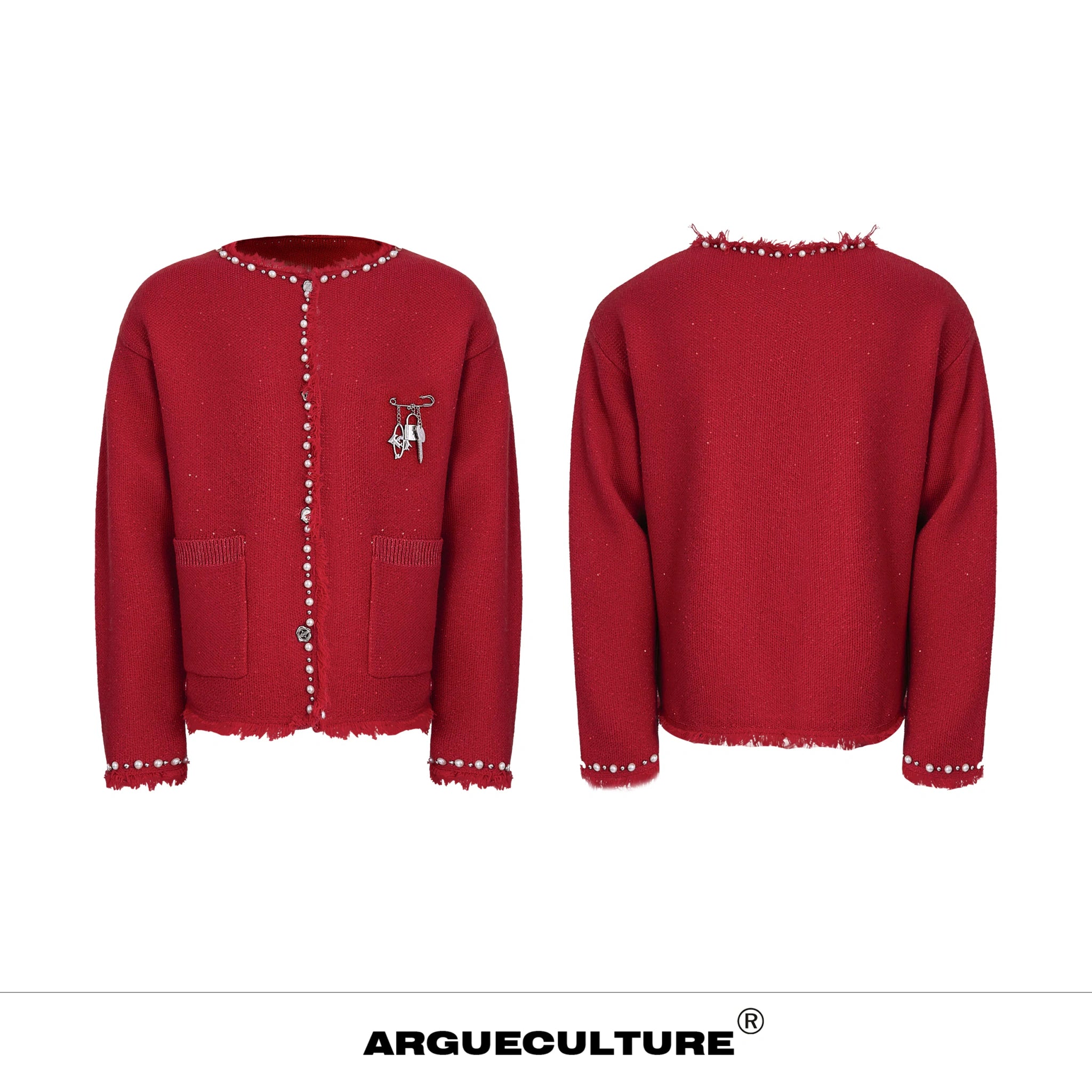 Pearl-Trim Shimmer Knit Cardigan Jacket for Unisex - Red