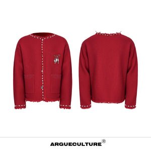 Pearl-Trim Shimmer Knit Cardigan Jacket for Unisex - Red