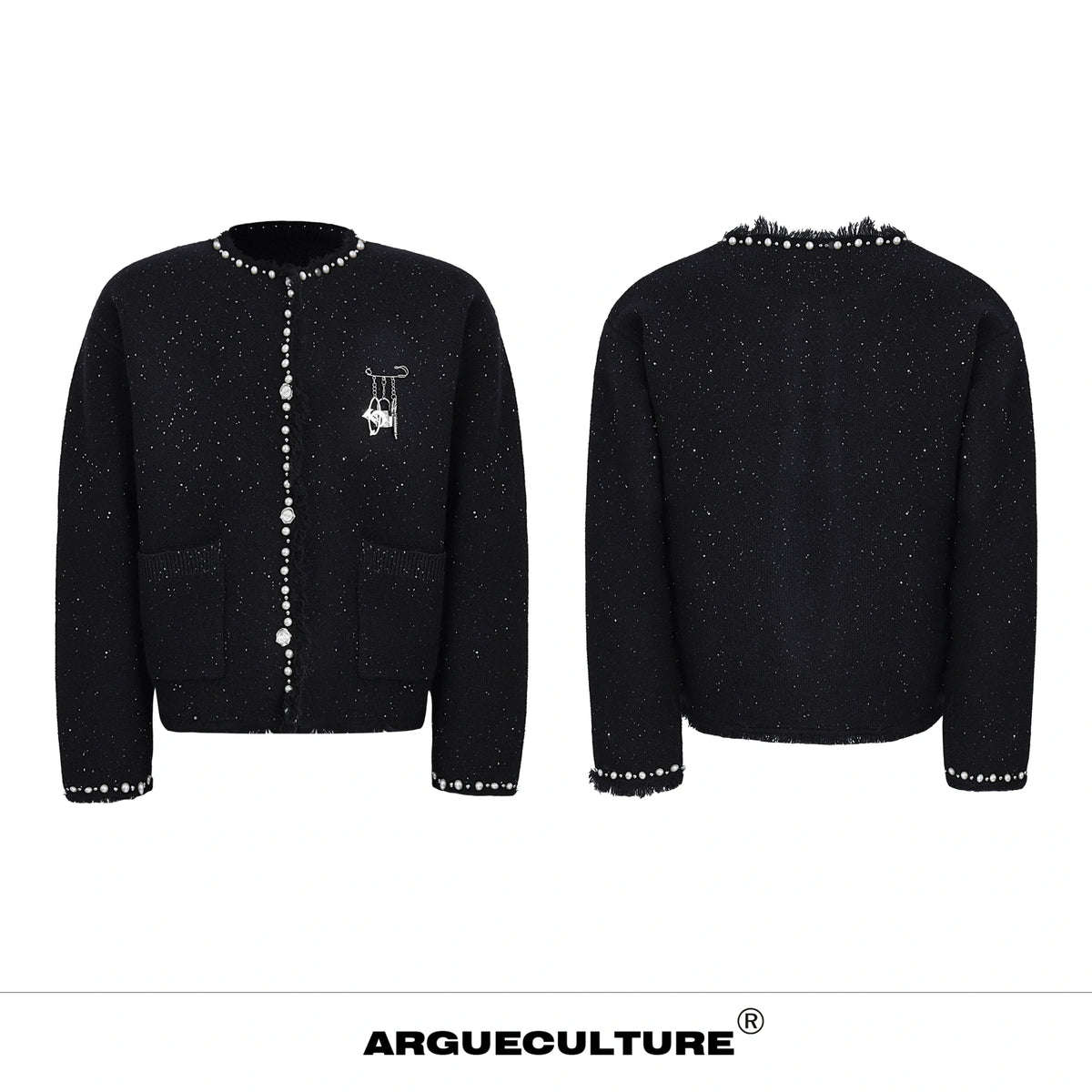 Pearl-Trim Shimmer Knit Cardigan Jacket for Unisex - Black