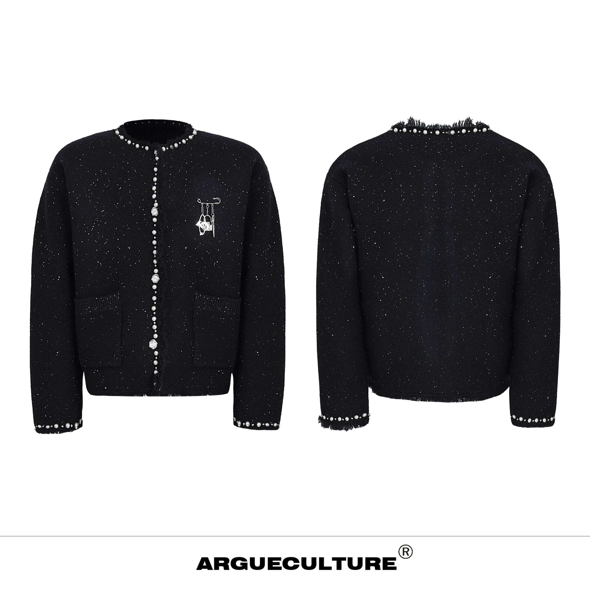 Pearl-Trim Shimmer Knit Cardigan Jacket for Unisex - Black