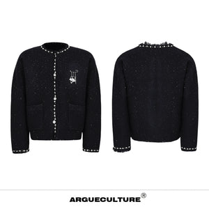 Pearl-Trim Shimmer Knit Cardigan Jacket for Unisex - Black