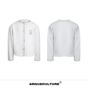 Pearl-Trim Shimmer Knit Cardigan Jacket for Unisex - White
