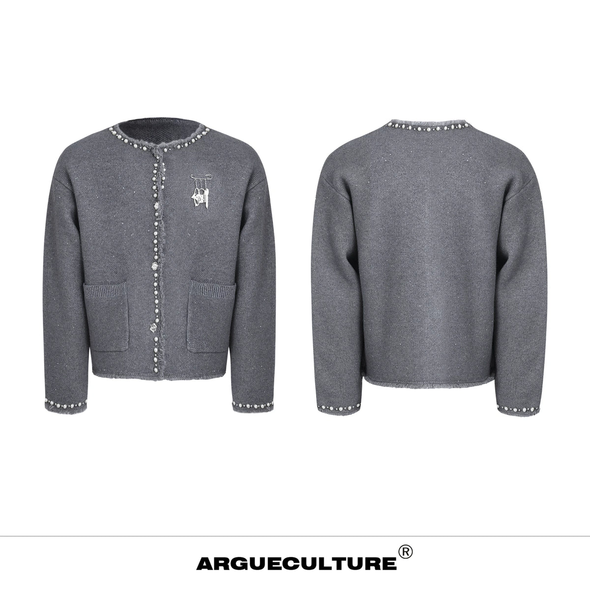 Pearl-Trim Shimmer Knit Cardigan Jacket for Unisex - Gray
