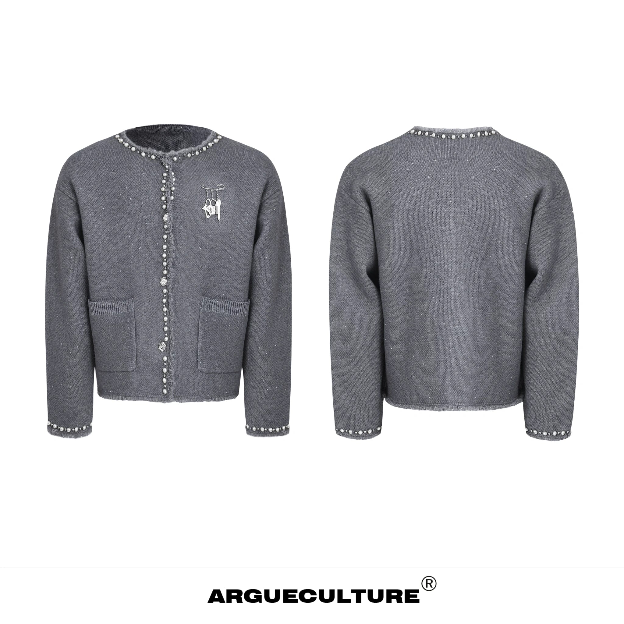 Pearl-Trim Shimmer Knit Cardigan Jacket for Unisex - Gray