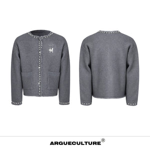 Pearl-Trim Shimmer Knit Cardigan Jacket for Unisex - Gray