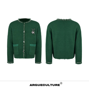 Pearl-Trim Shimmer Knit Cardigan Jacket for Unisex - Green