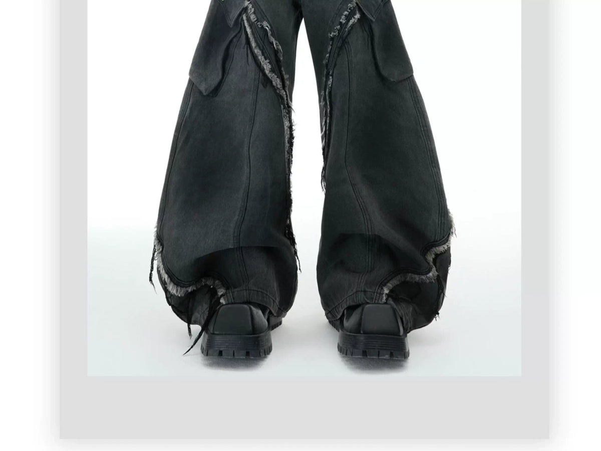Frayed Curved-Leg Wide Jeans in Washed Black - description image 2