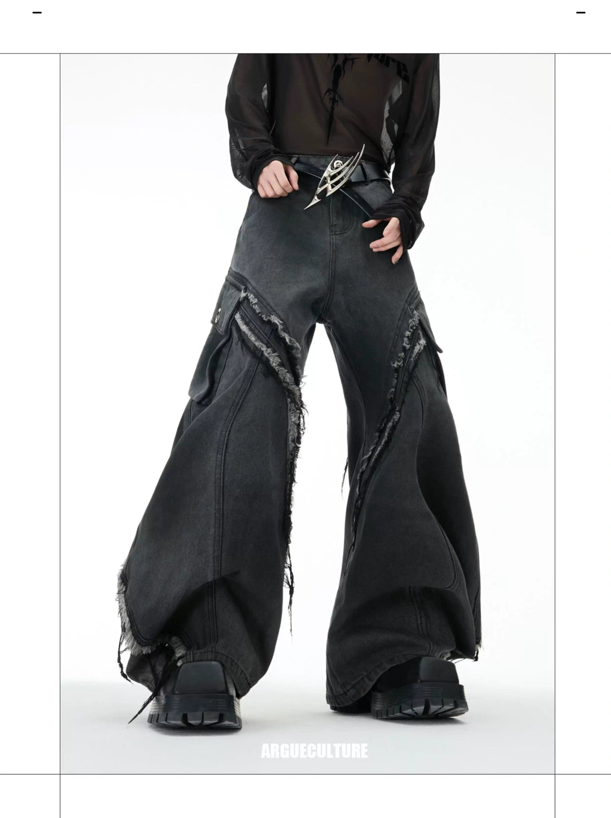 Frayed Curved-Leg Wide Jeans in Washed Black - description image 5
