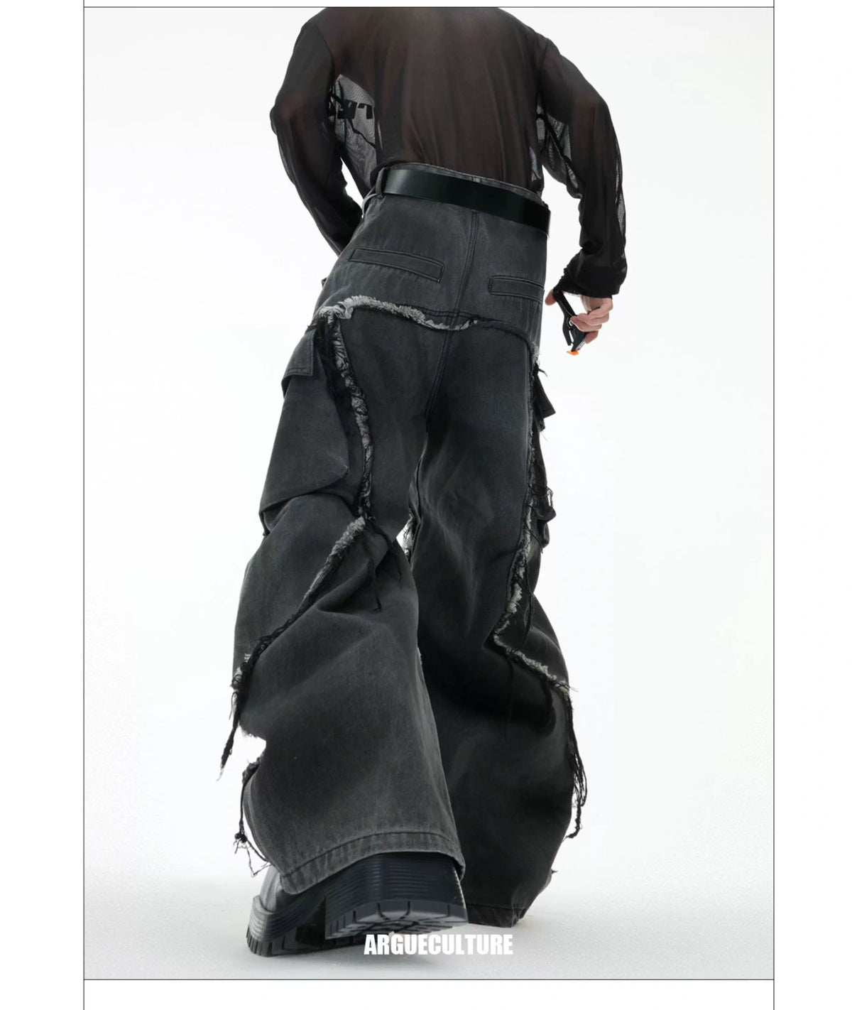 Frayed Curved-Leg Wide Jeans in Washed Black - description image 6