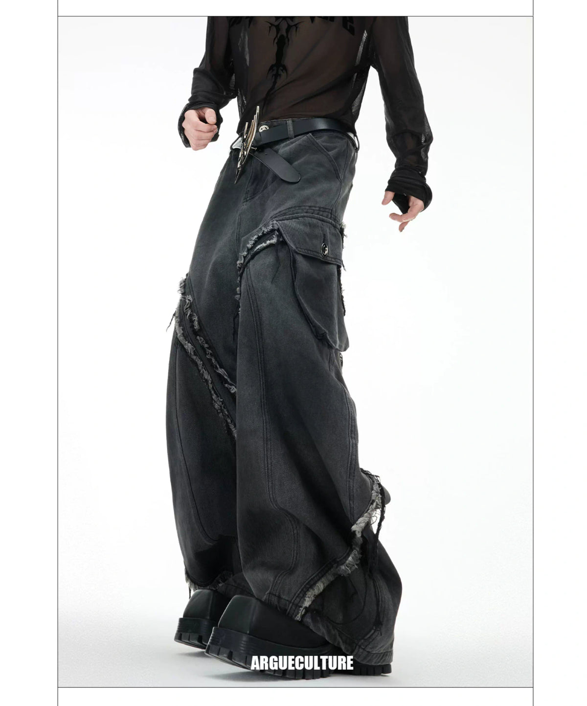 Frayed Curved-Leg Wide Jeans in Washed Black - description image 7