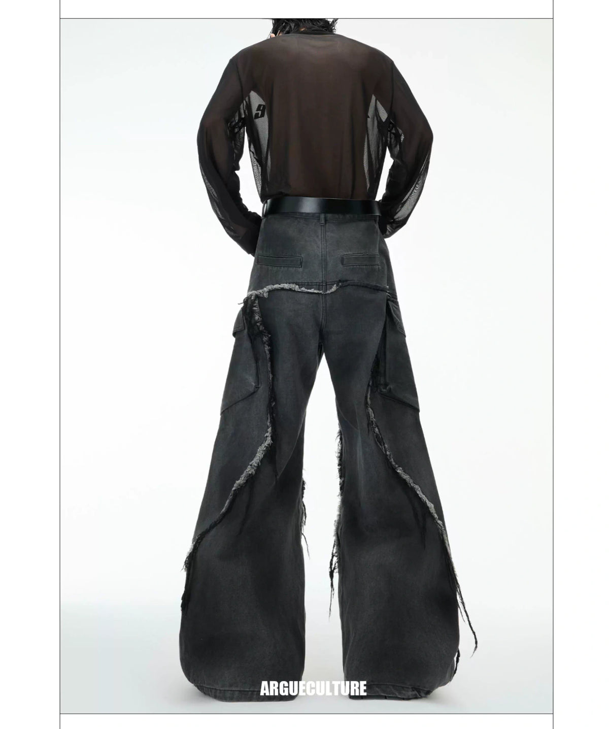 Frayed Curved-Leg Wide Jeans in Washed Black - description image 8