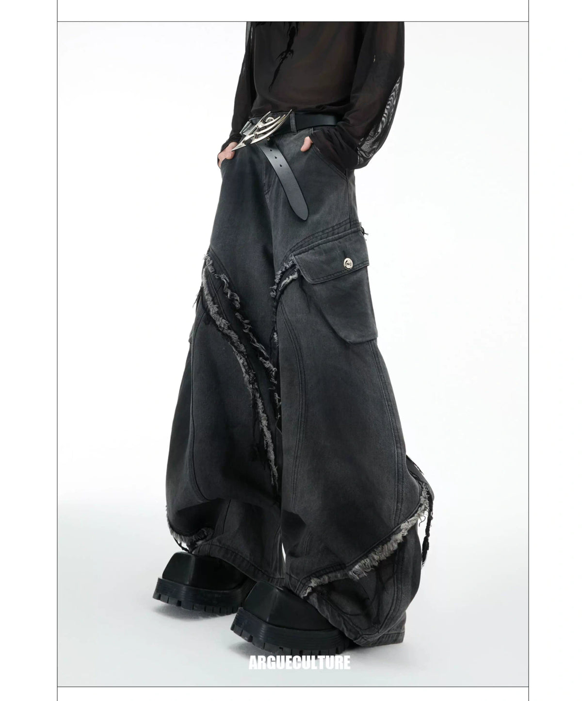 Frayed Curved-Leg Wide Jeans in Washed Black - description image 9