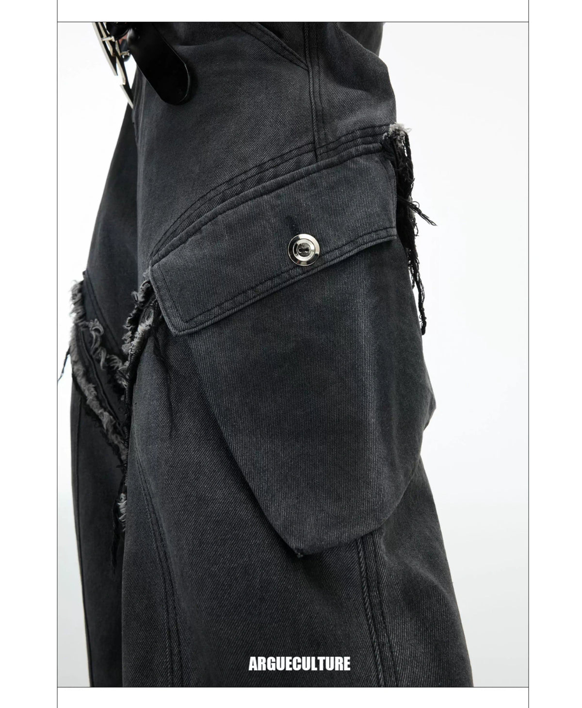 Frayed Curved-Leg Wide Jeans in Washed Black - description image 10