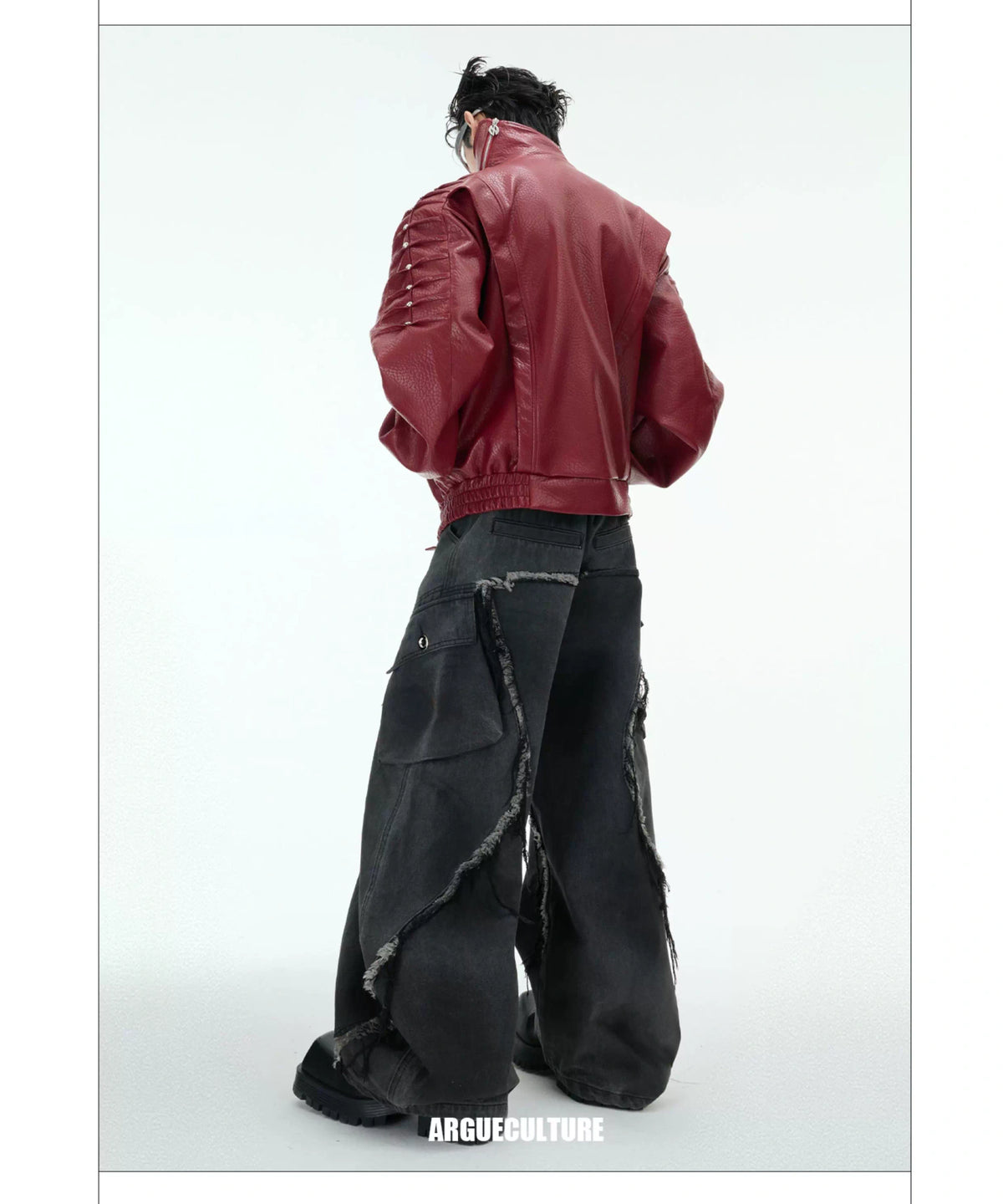 Frayed Curved-Leg Wide Jeans in Washed Black - description image 13
