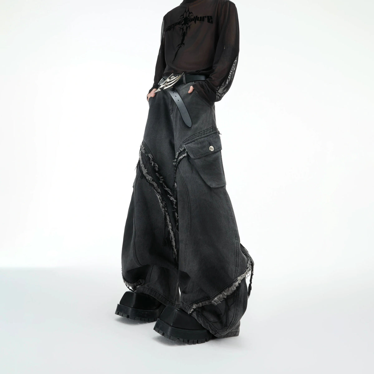 Frayed Curved-Leg Wide Jeans in Washed Black - main image 1