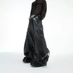 Frayed Curved-Leg Wide Jeans in Washed Black - main image 1