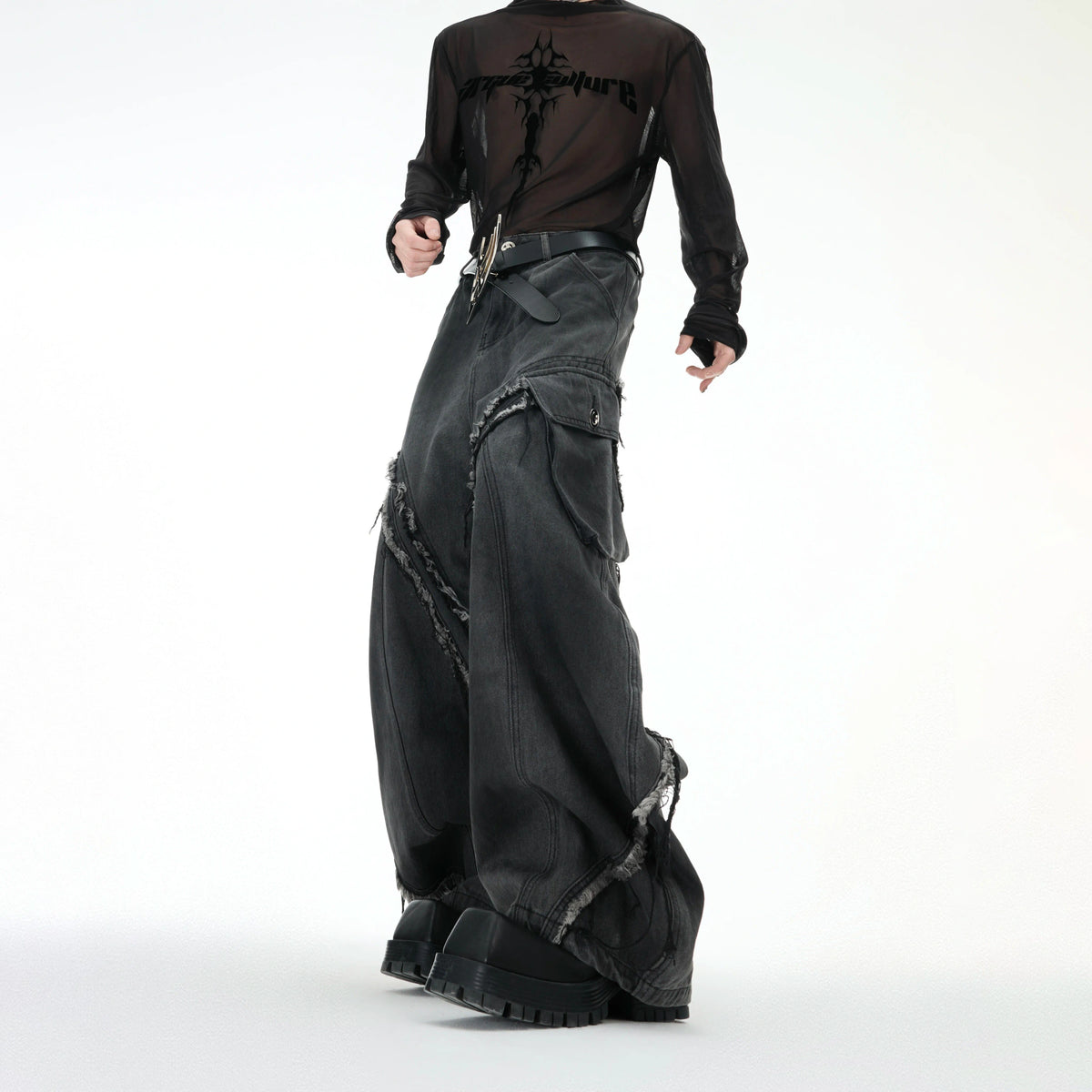 Frayed Curved-Leg Wide Jeans in Washed Black - main image 2