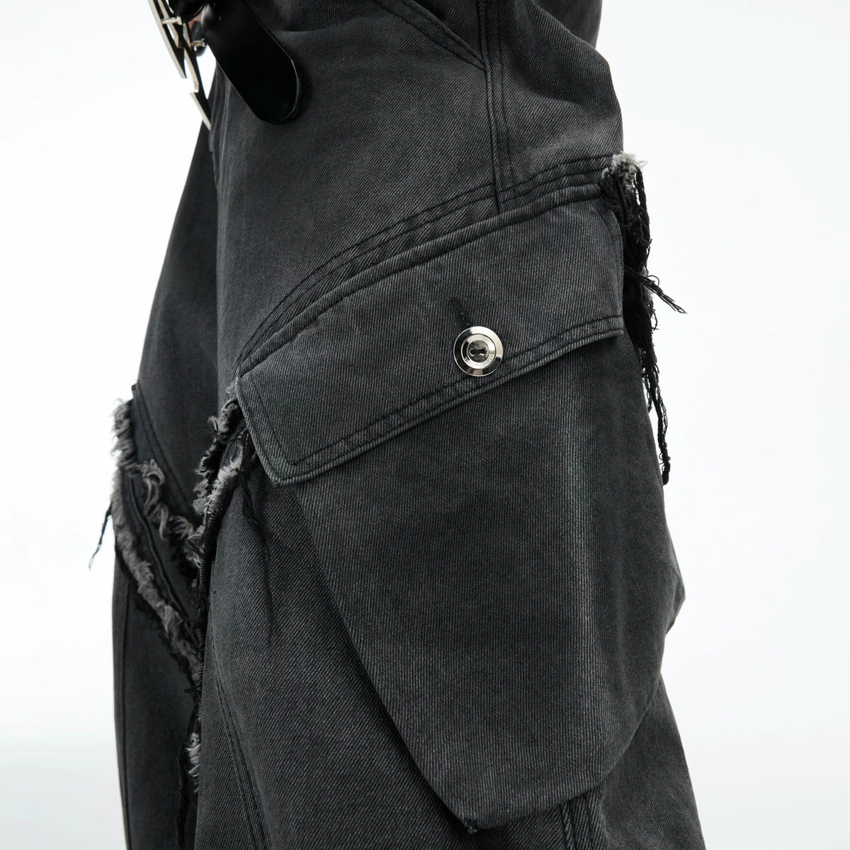 Frayed Curved-Leg Wide Jeans in Washed Black - main image 3