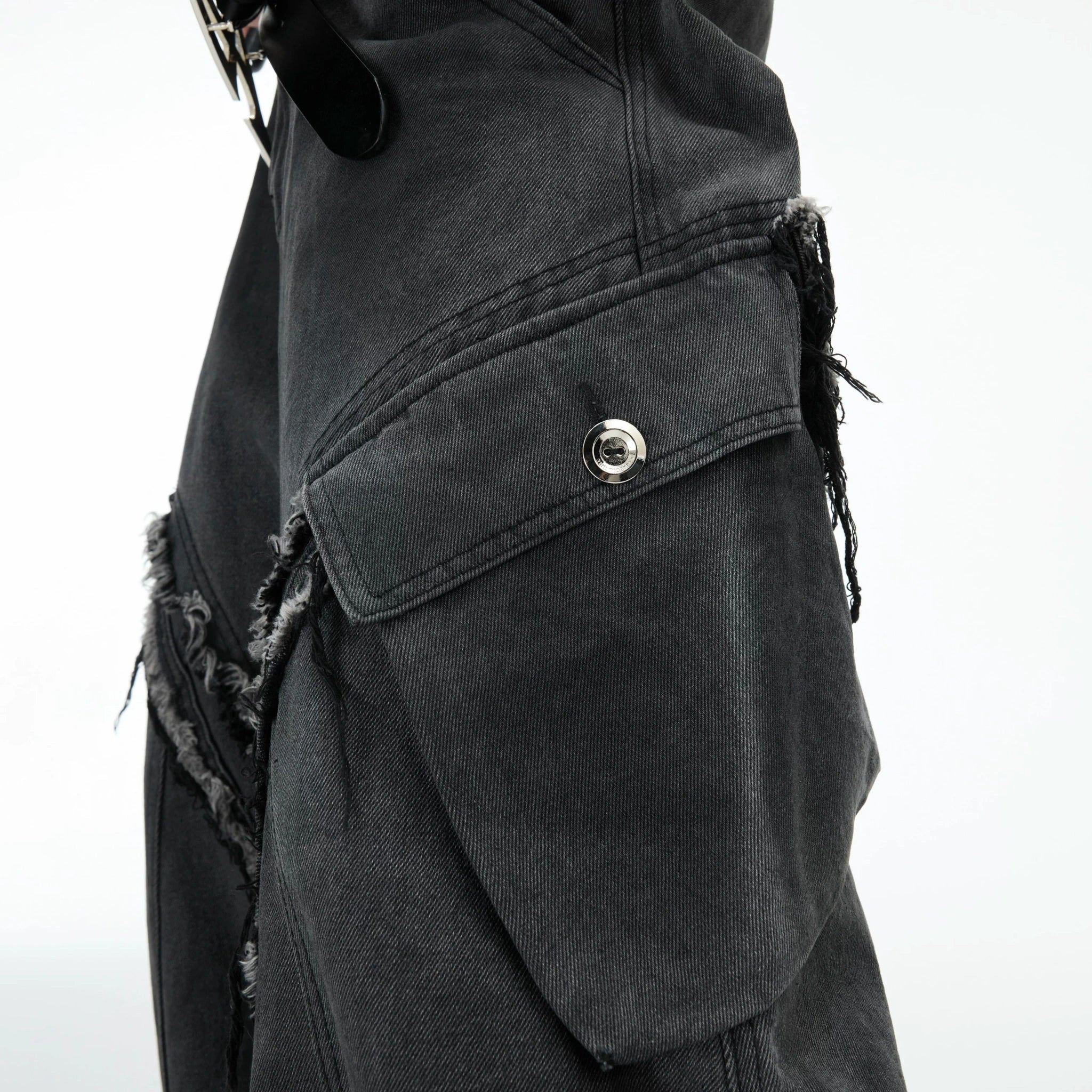Frayed Curved-Leg Wide Jeans in Washed Black - main image 3