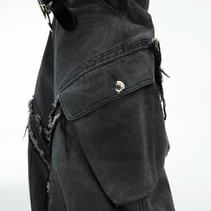 Frayed Curved-Leg Wide Jeans in Washed Black - main image 3