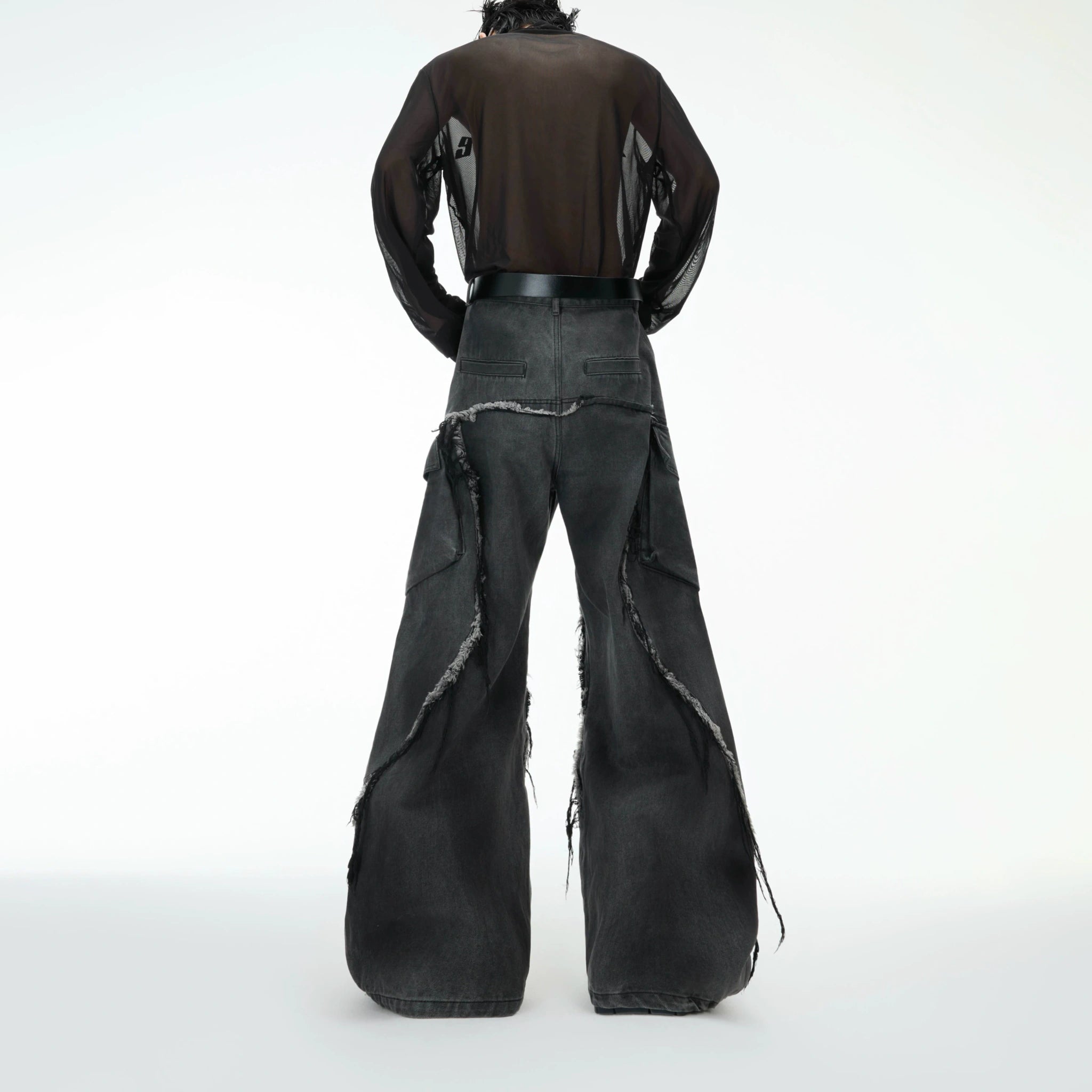Frayed Curved-Leg Wide Jeans in Washed Black - main image 4