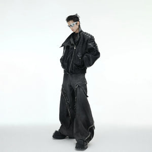 Frayed Curved-Leg Wide Jeans in Washed Black - main image 5
