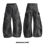 Frayed Curved-Leg Wide Jeans in Washed Black - Washed Black