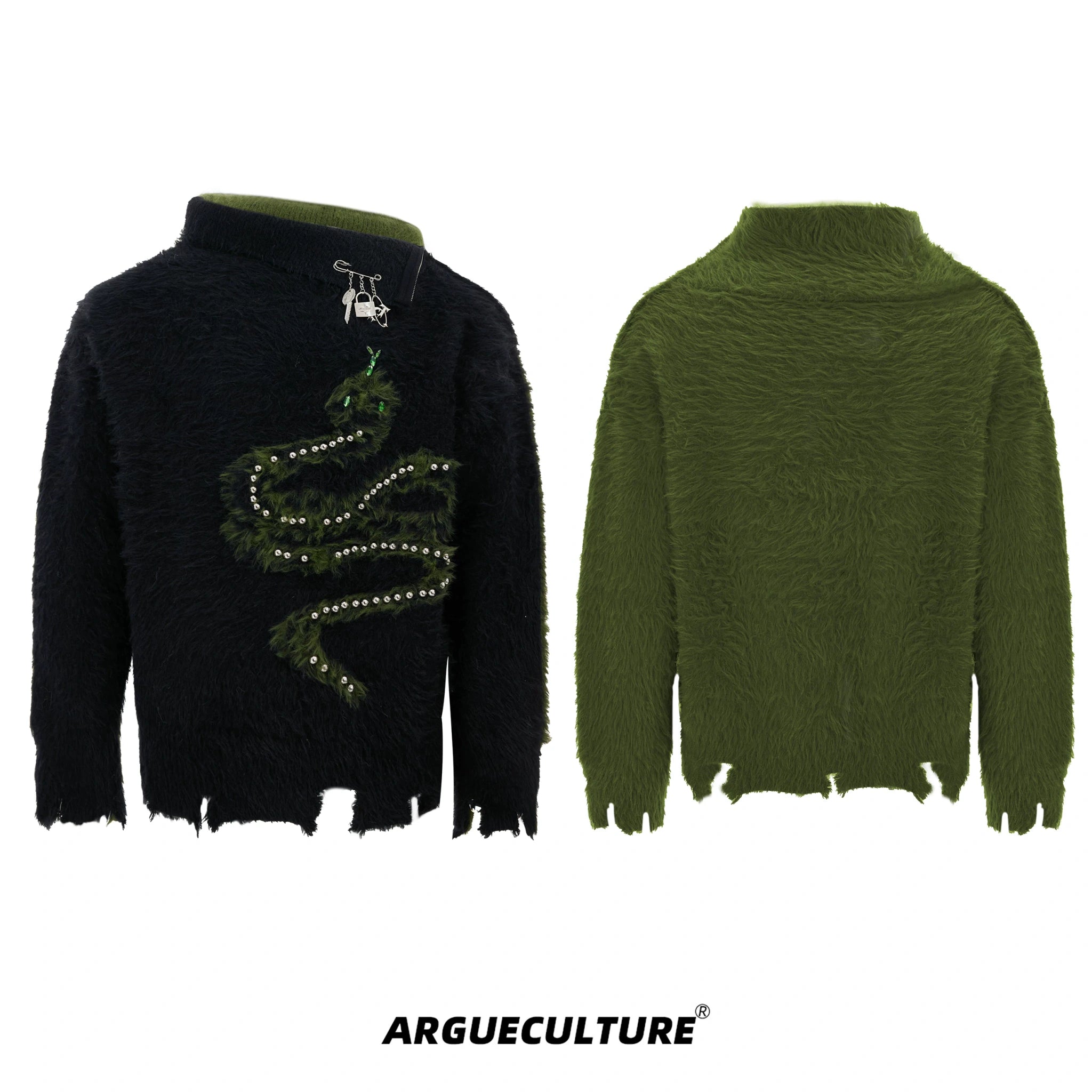 Pearl Snake Motif High-Neck Sweater | Unisex Knit - Black