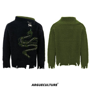 Pearl Snake Motif High-Neck Sweater | Unisex Knit - Black