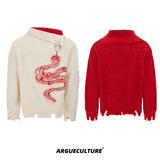 Pearl Snake Motif High-Neck Sweater | Unisex Knit - White