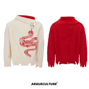 Pearl Snake Motif High-Neck Sweater | Unisex Knit - White