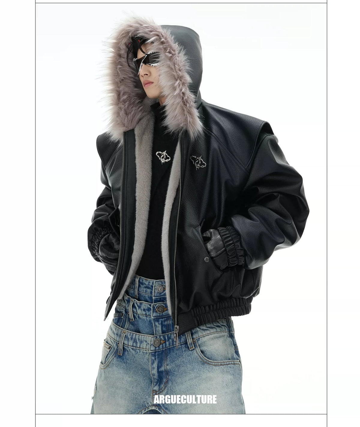Reversible Hooded PU Padded Jacket in Black or Beige - description image 5