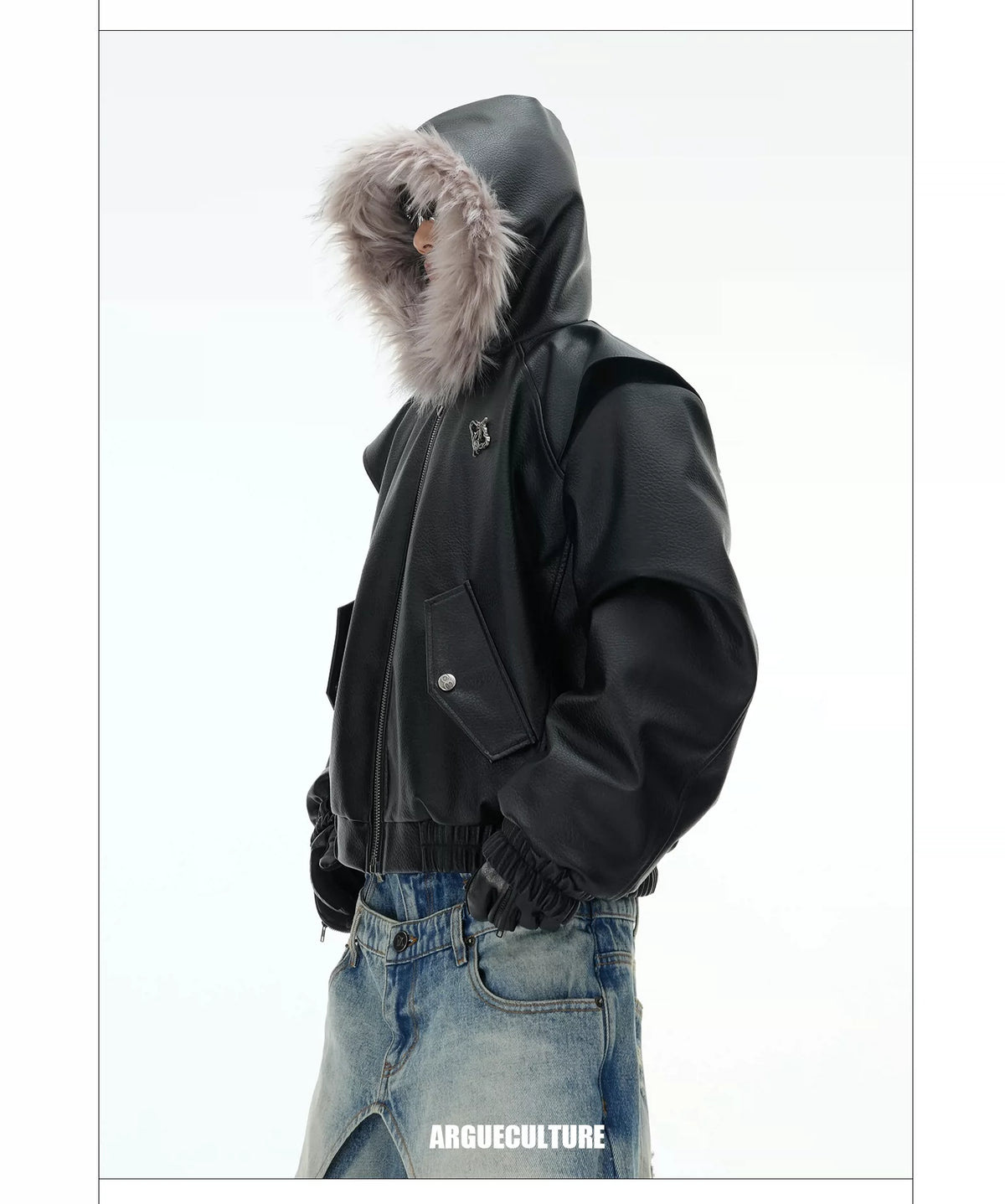 Reversible Hooded PU Padded Jacket in Black or Beige - description image 7