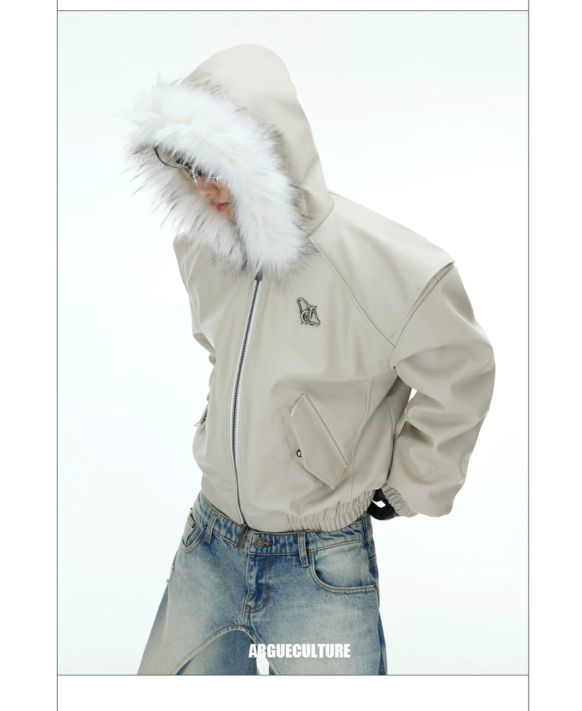 Reversible Hooded PU Padded Jacket in Black or Beige - description image 16